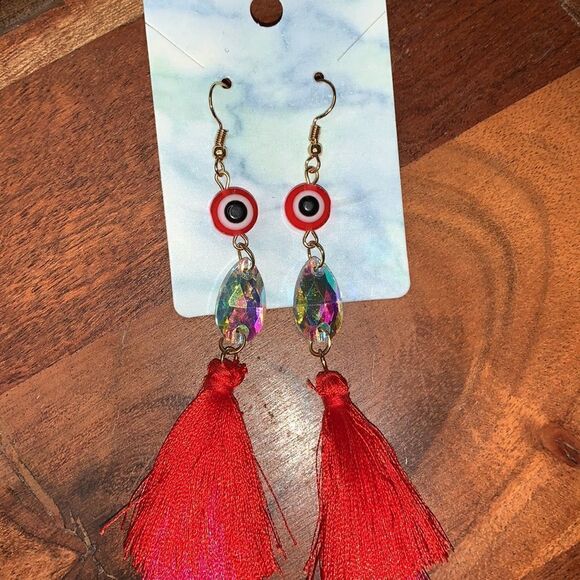 Red Evil Eye Tassel Fringe Statement Earrings - Picture 5 of 6